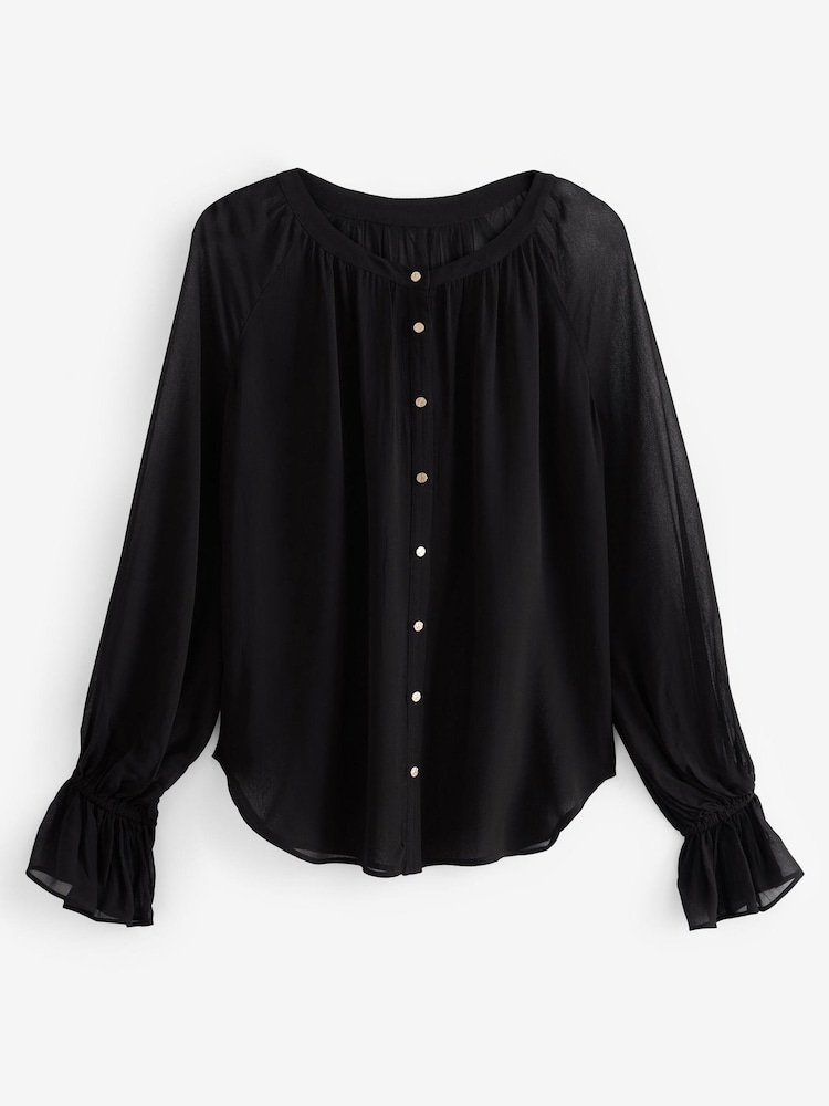 Black Sheer Long Sleeve Blouse with Hardware Buttons - Image 5 of 5