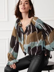 Navy Blue Tie Dye Sheer Long Sleeve Blouse with Hardware Buttons - Image 1 of 5
