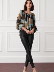 Navy Blue Tie Dye Sheer Long Sleeve Blouse with Hardware Buttons - Image 2 of 5
