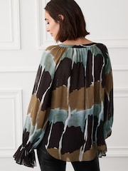 Navy Blue Tie Dye Sheer Long Sleeve Blouse with Hardware Buttons - Image 3 of 5
