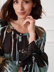 Navy Blue Tie Dye Sheer Long Sleeve Blouse with Hardware Buttons - Image 4 of 5