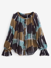 Navy Blue Tie Dye Sheer Long Sleeve Blouse with Hardware Buttons - Image 5 of 5