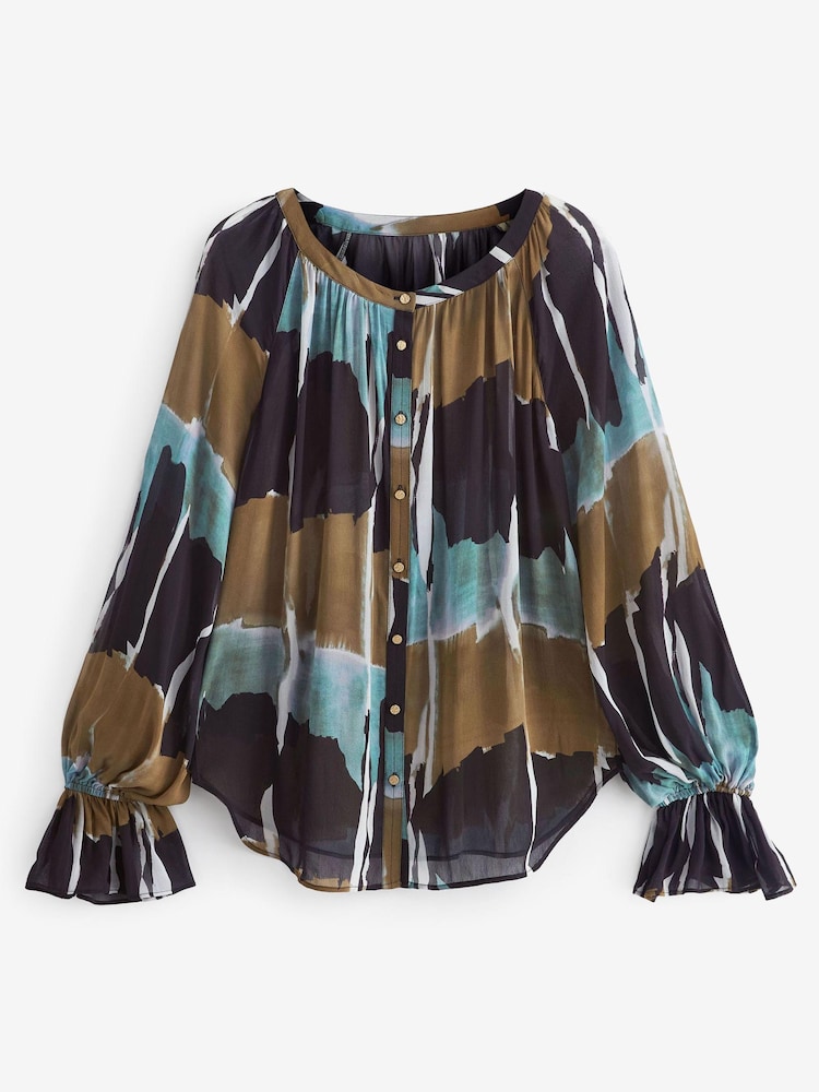 Navy Blue Tie Dye Sheer Long Sleeve Blouse with Hardware Buttons - Image 5 of 5