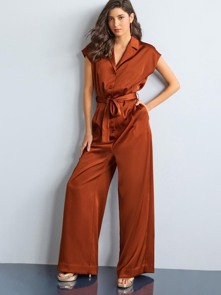 Brown Satin Belted Wide Leg Jumpsuit - Image 1 of 5