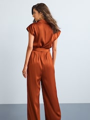 Brown Satin Belted Wide Leg Jumpsuit - Image 2 of 5