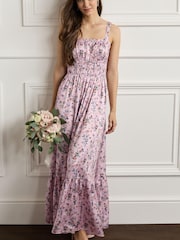 Pink Floral Bridesmaid Glossy Satin Ruched Midi Dress - Image 1 of 5