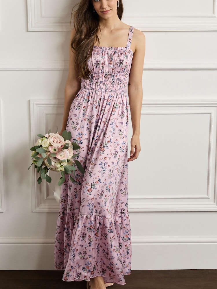 Pink Floral Bridesmaid Glossy Satin Ruched Midi Dress - Image 1 of 5