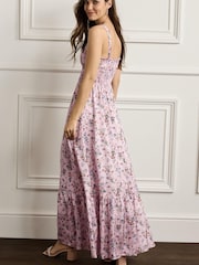 Pink Floral Bridesmaid Glossy Satin Ruched Midi Dress - Image 3 of 5