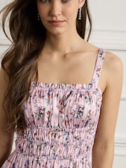 Pink Floral Bridesmaid Glossy Satin Ruched Midi Dress - Image 4 of 5