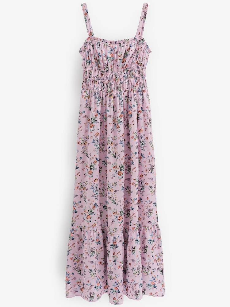 Pink Floral Bridesmaid Glossy Satin Ruched Midi Dress - Image 5 of 5
