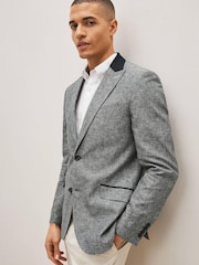 Blue With Navy Blue Contrast Collar Linen Blend Blazer - Image 1 of 7