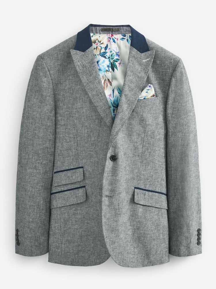Blue With Navy Blue Contrast Collar Linen Blend Blazer - Image 2 of 7