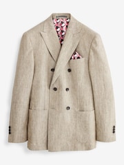 Neutral Herringbone Double Breasted Slim Signature Leomaster Linen Blazer - Image 7 of 12
