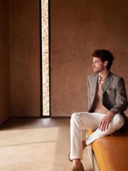 Neutral Signature Double Breasted Angelico Linen Blend Blazer - Image 3 of 7