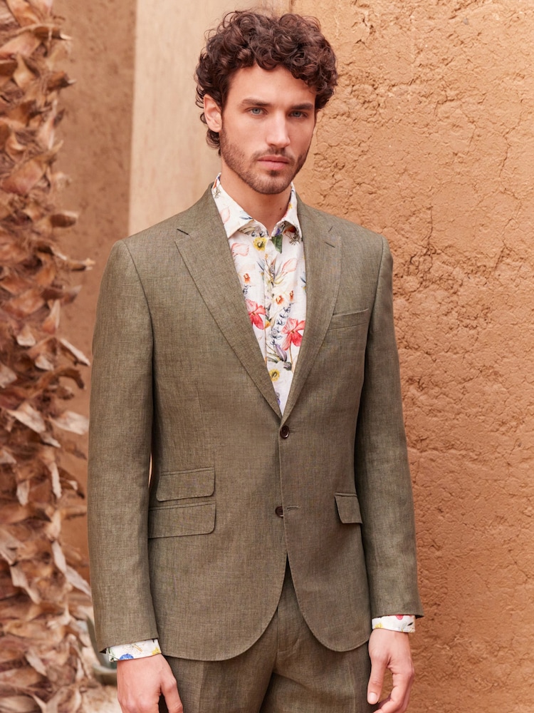 Olive Green Signature Leomaster Italian Linen Slim Fit Suit Jacket - Image 1 of 13