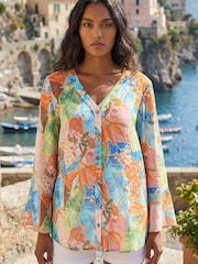 Roman Orange Tropical Print Frill Sleeve Top - Image 2 of 4