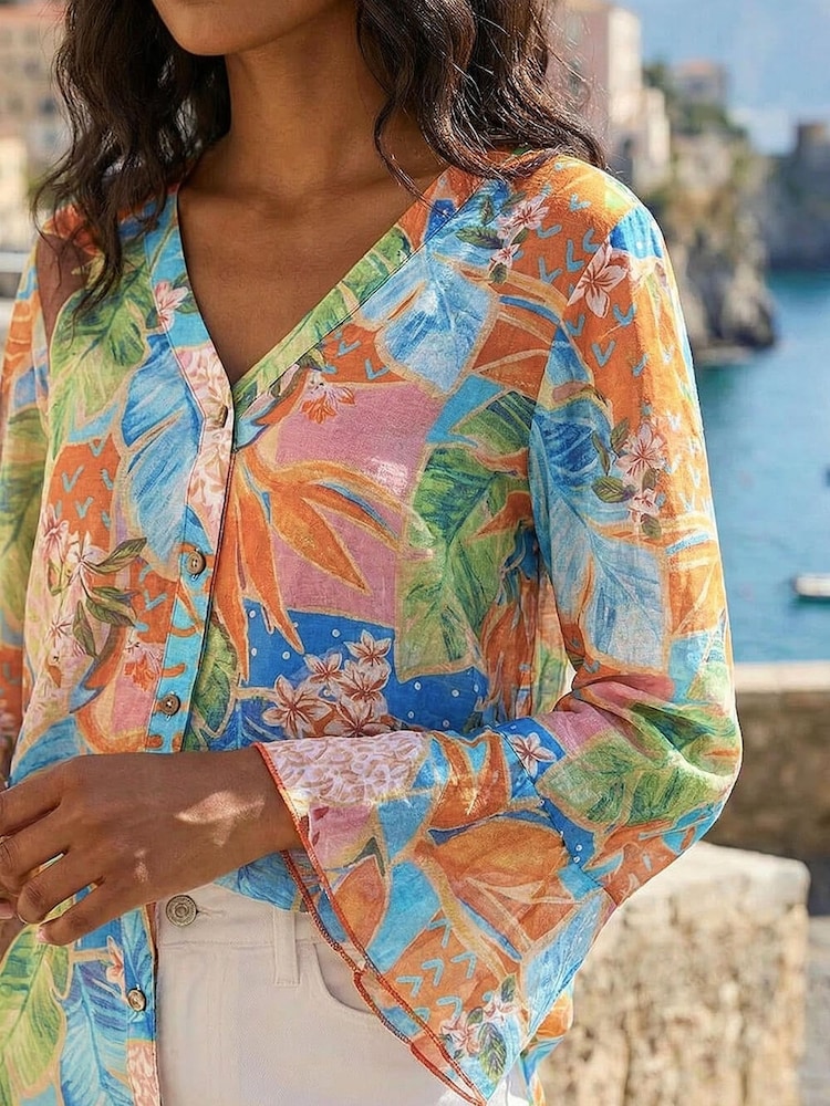 Roman Orange Tropical Print Frill Sleeve Top - Image 4 of 4