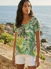 Roman Green Leaf Print Asymmetric Stretch Tunic Top - Image 1 of 5
