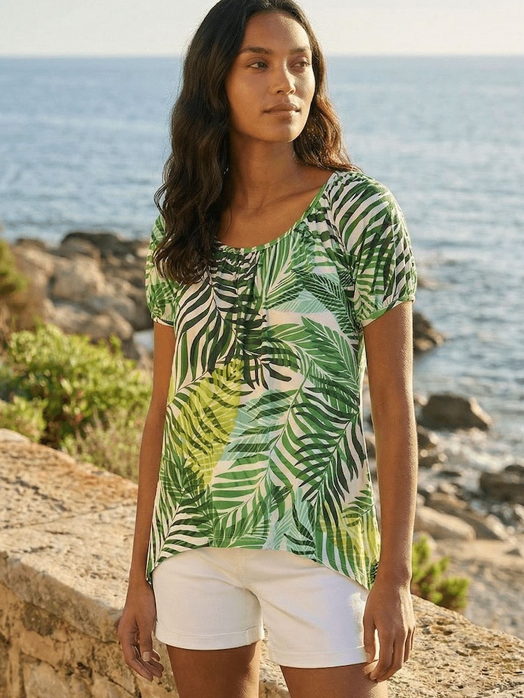 Roman Green Leaf Print Asymmetric Stretch Tunic Top - Image 1 of 5 Roman Green Leaf Print Asymmetric Stretch Tunic Top - Image 1 of 5