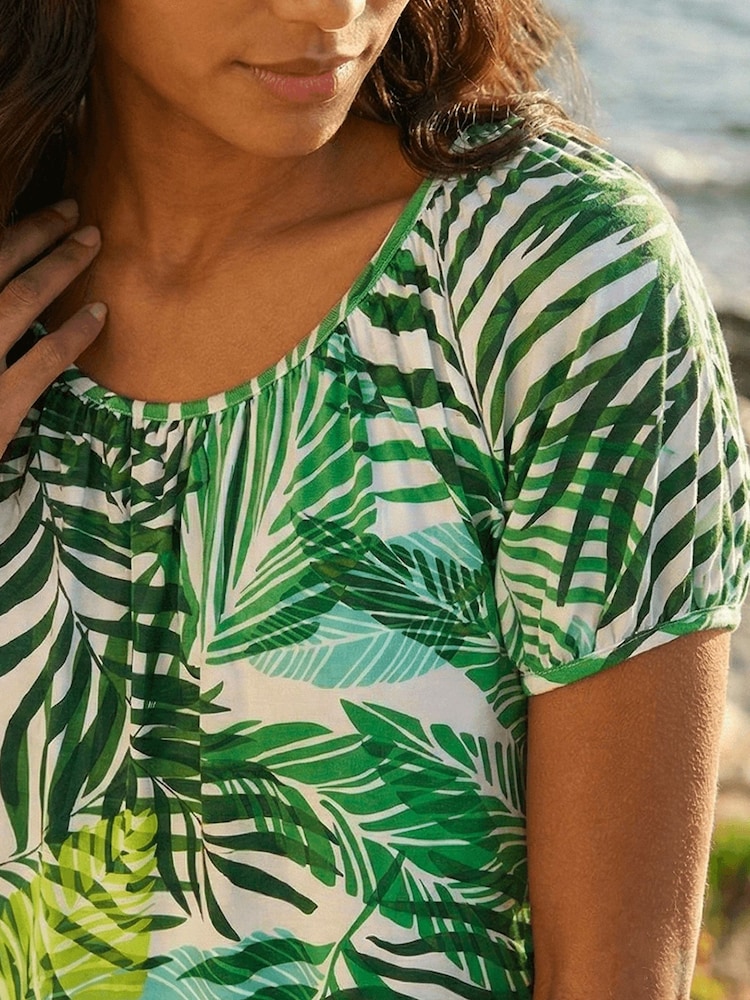Roman Green Leaf Print Asymmetric Stretch Tunic Top - Image 5 of 5 Roman Green Leaf Print Asymmetric Stretch Tunic Top - Image 5 of 5