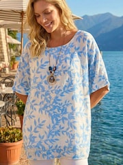 Roman Blue Leaf Print Necklace Detail Tunic Top - Image 1 of 3