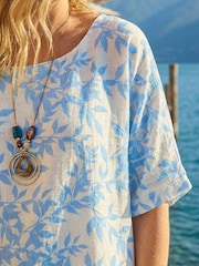 Roman Blue Leaf Print Necklace Detail Tunic Top - Image 3 of 3