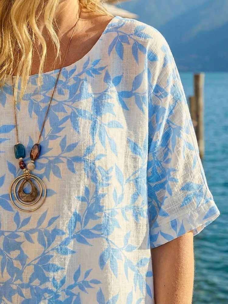 Roman Blue Leaf Print Necklace Detail Tunic Top - Image 3 of 3