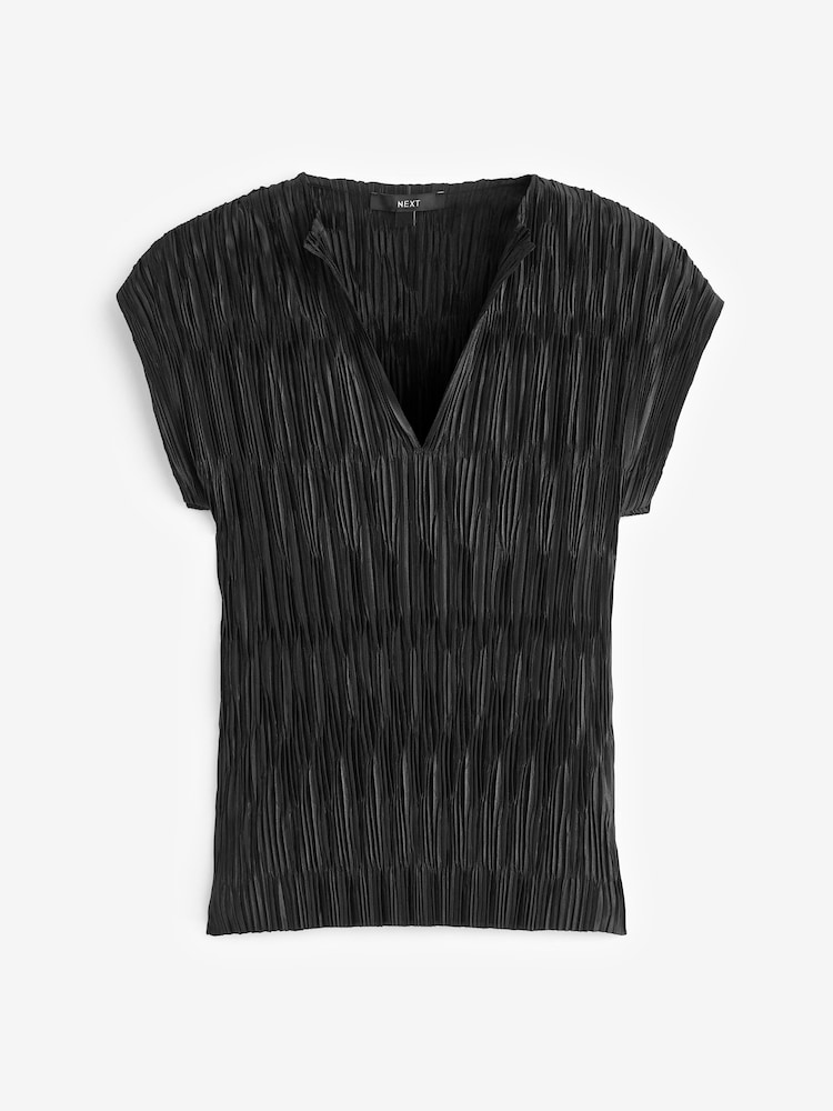 Black Co Ord Plisse Short Sleeves V-Neck Top - Image 2 of 5 Black Co Ord Plisse Short Sleeves V-Neck Top - Image 2 of 5