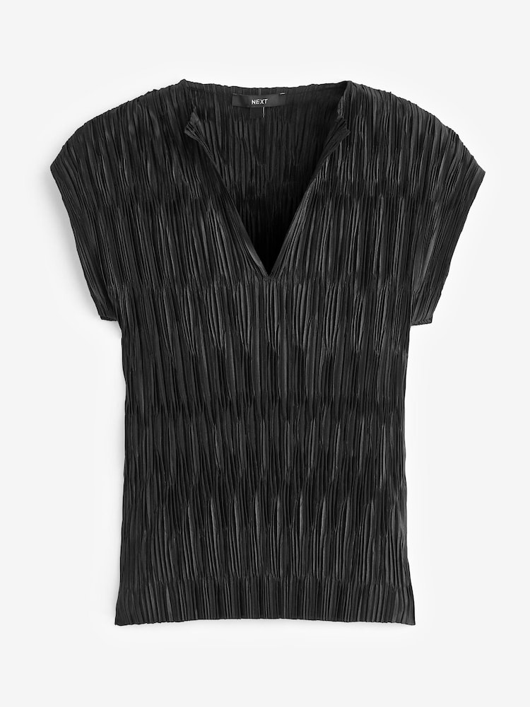 Black Co Ord Plisse Short Sleeves V-Neck Top - Image 5 of 5