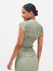 Sage Green Co Ord Plisse Short Sleeves V-Neck Top - Image 1 of 4
