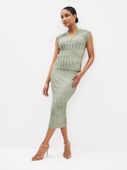 Sage Green Co Ord Plisse Short Sleeves V-Neck Top - Image 2 of 4
