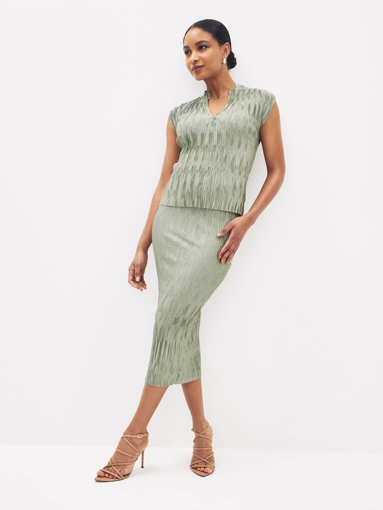 Sage Green Co Ord Plisse Short Sleeves V-Neck Top - Image 2 of 4