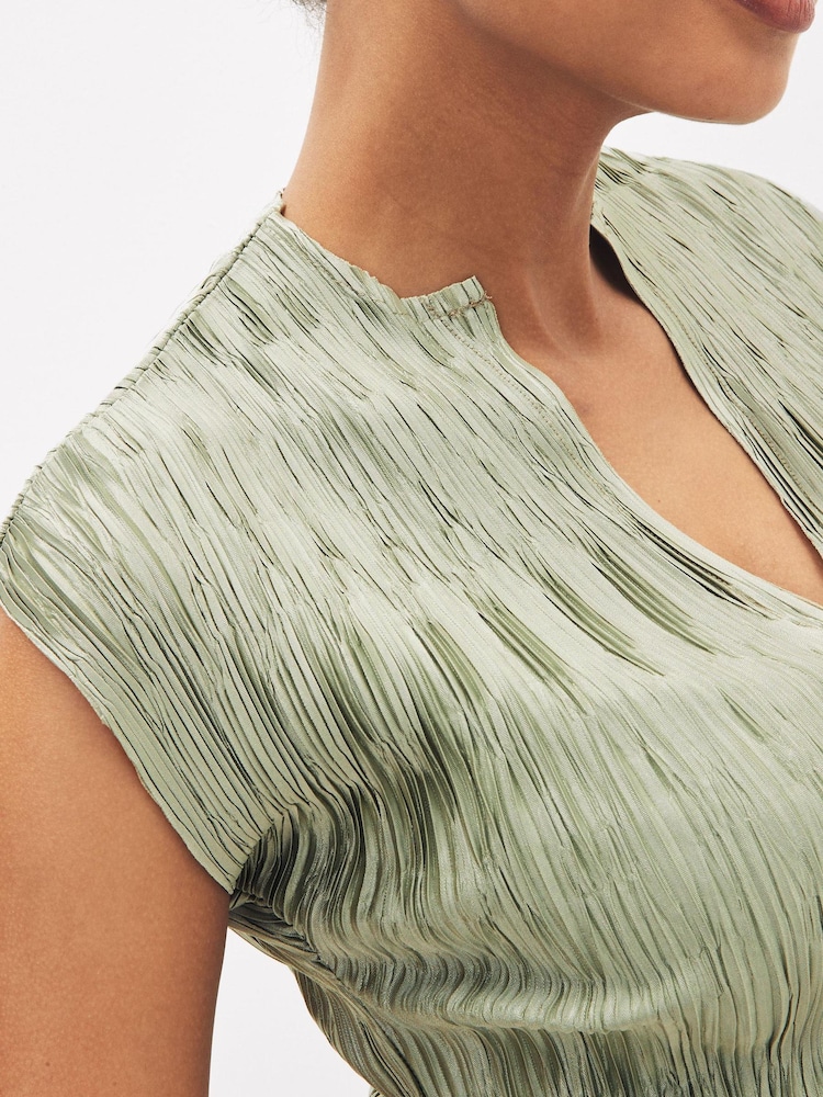 Sage Green Co Ord Plisse Short Sleeves V-Neck Top - Image 4 of 4