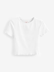 White Short Sleeve Lettuce Edge Frilled Ribbed Top - Image 4 of 5