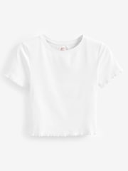 White Short Sleeve Lettuce Edge Frilled Ribbed Top - Image 5 of 5