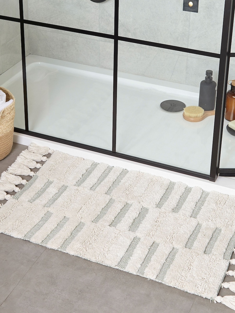Yard Sage Green Tassel Stitch Anti-Slip 100% Cotton Bath Mat - Image 1 of 3