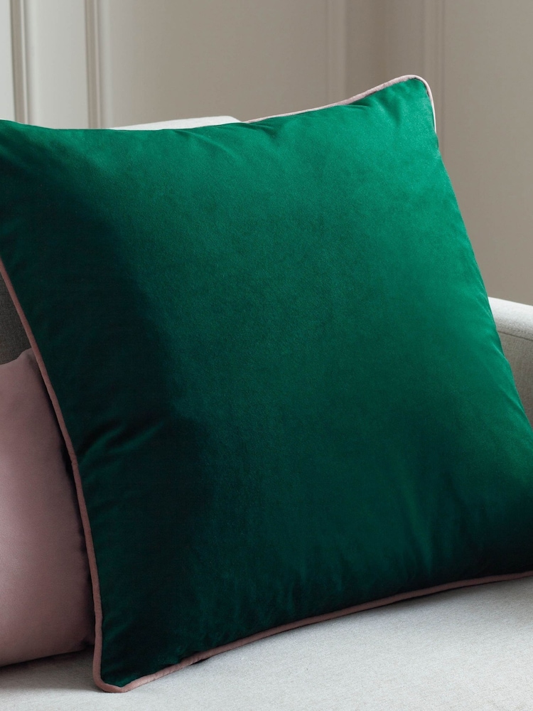 Riva Paoletti Emerald Green/Blush Pink 55 x 55cm Meridian Velvet Cushion - Image 1 of 5