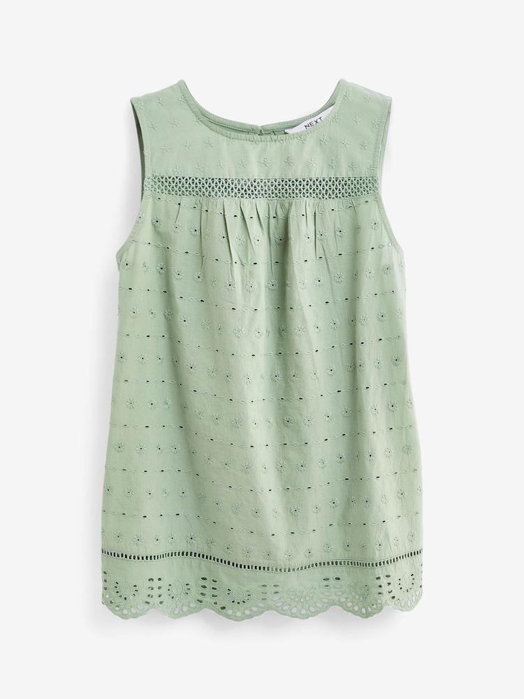 Sage Green Sleeveless Broderie 100% Cotton Shell Top - Image 4 of 4 Sage Green Sleeveless Broderie 100% Cotton Shell Top - Image 4 of 4