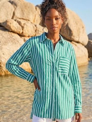 Roman Green Linear Print V-Neck Button Shirt - Image 1 of 4
