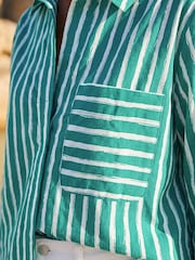 Roman Green Linear Print V-Neck Button Shirt - Image 2 of 4
