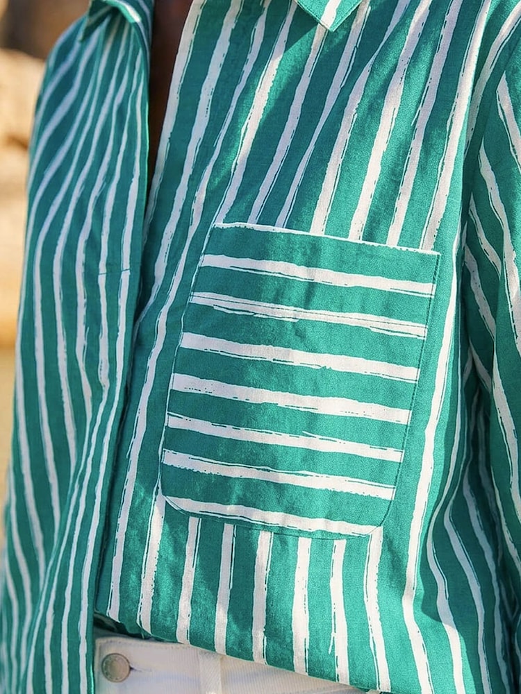 Roman Green Linear Print V-Neck Button Shirt - Image 2 of 4