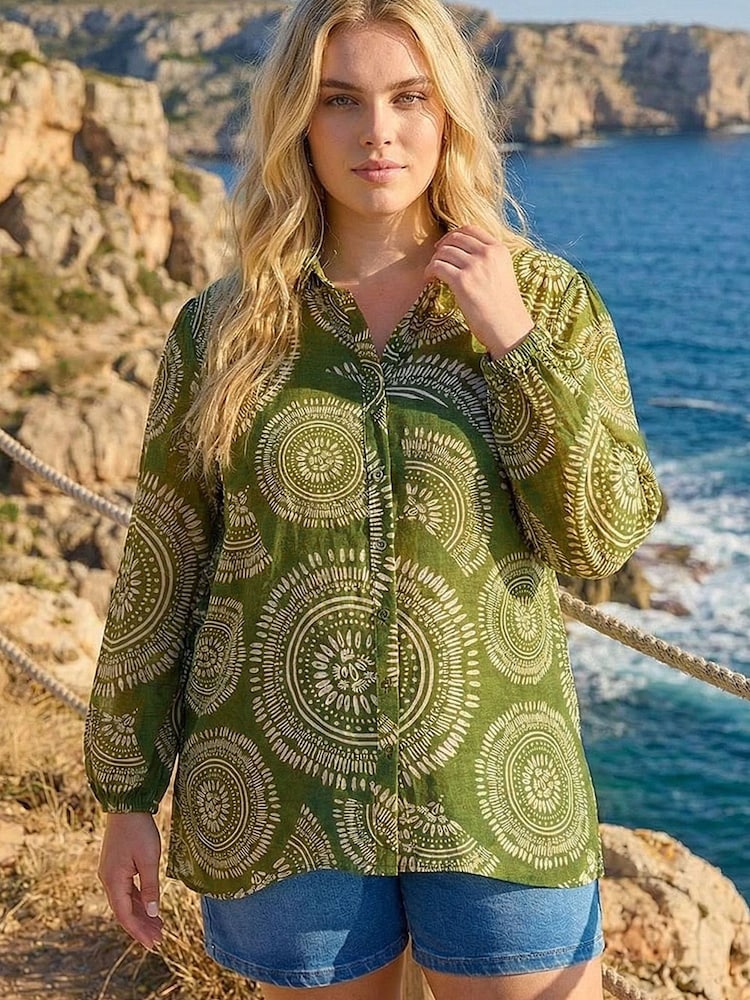 Roman Green Curve Abstract Print Woven Shirt - Image 1 of 4