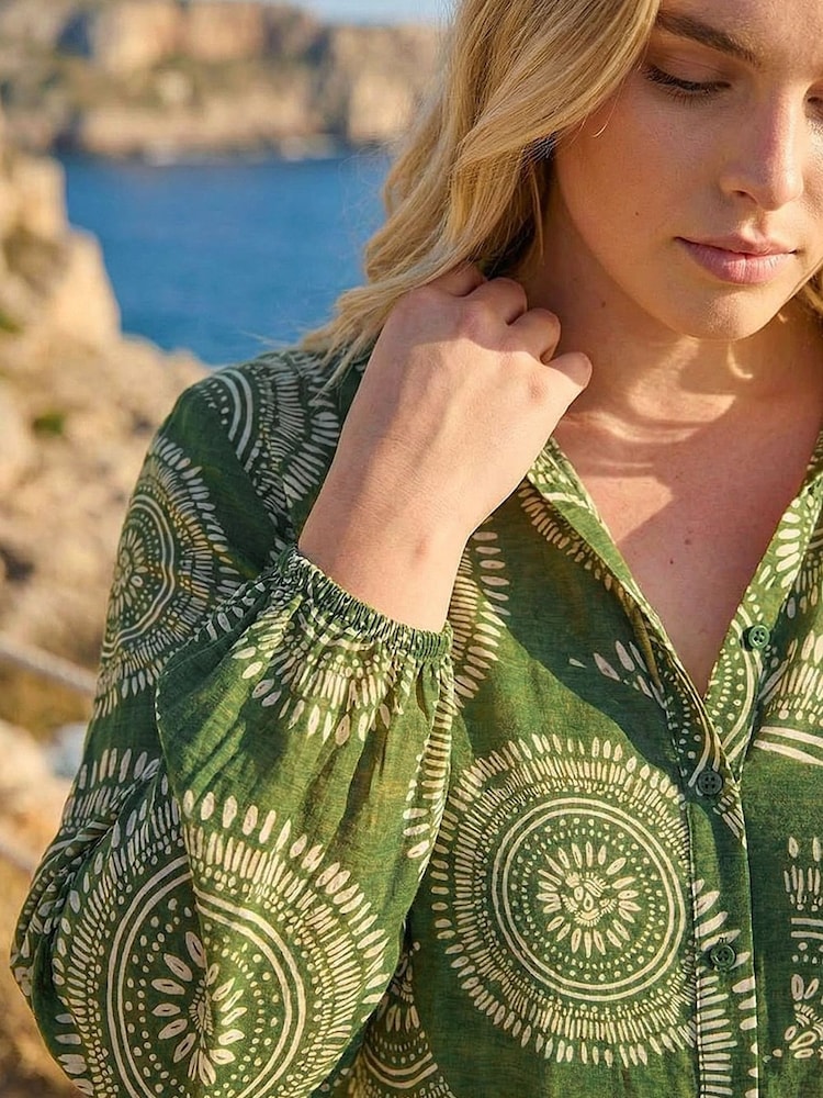 Roman Green Curve Abstract Print Woven Shirt - Image 4 of 4