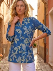 Roman Blue Leaf Print Cotton Blouse - Image 1 of 4