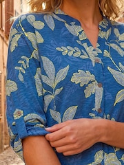 Roman Blue Leaf Print Cotton Blouse - Image 4 of 4