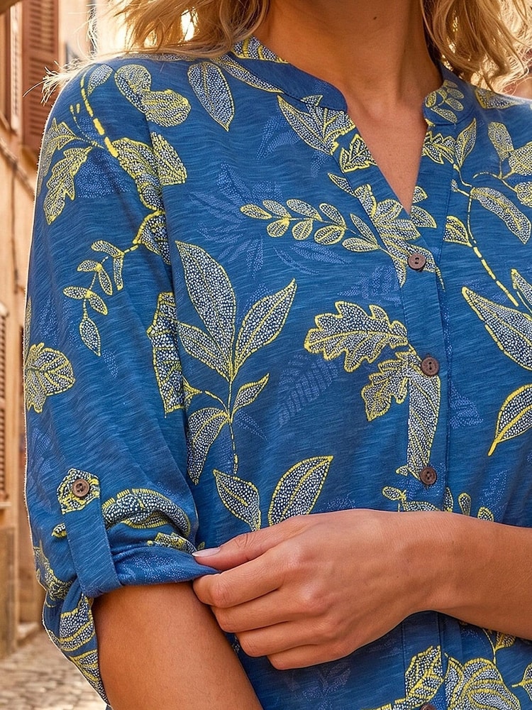 Roman Blue Leaf Print Cotton Blouse - Image 4 of 4