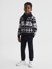 Reiss Navy Elias Senior Navajo Print Zip-Through Jumper - Image 1 of 5