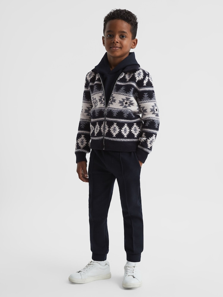 Reiss Navy Elias Senior Navajo Print Zip-Through Jumper - Image 1 of 5