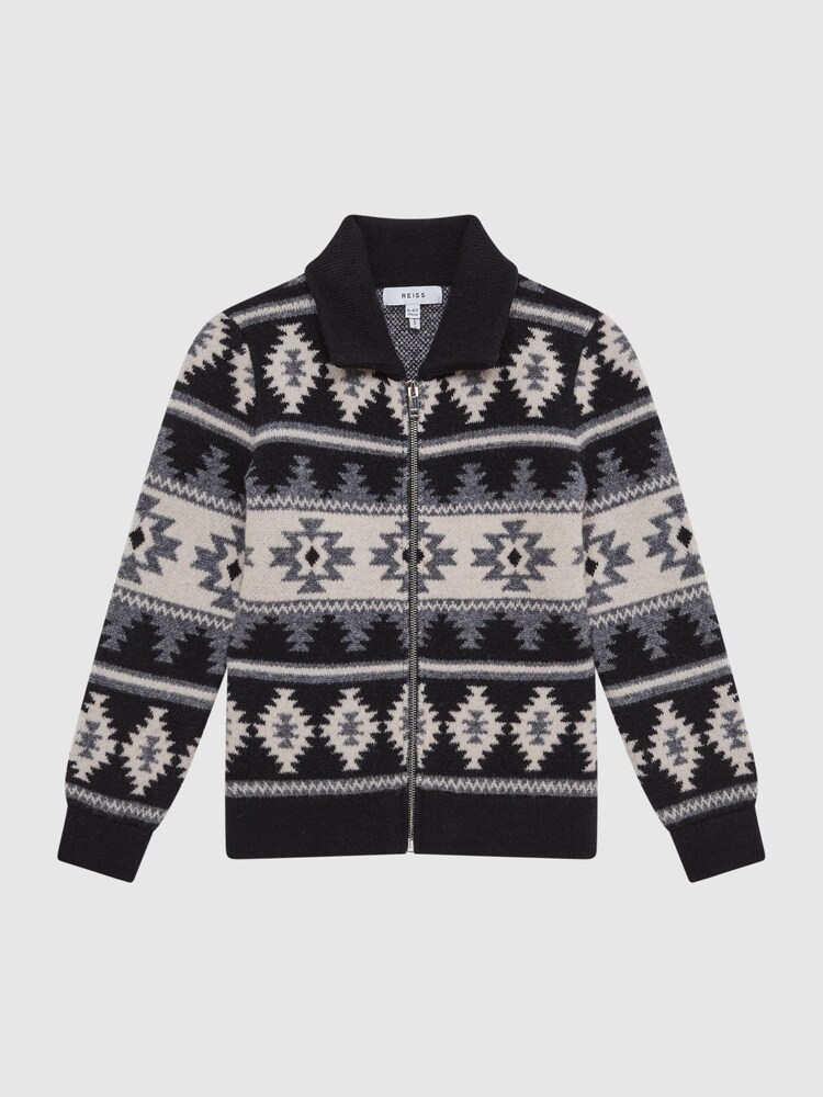 Reiss Navy Elias Senior Navajo Print Zip-Through Jumper - Image 2 of 5