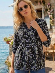Roman Black Abstract Print Pintuck Stretch Top - Image 1 of 4